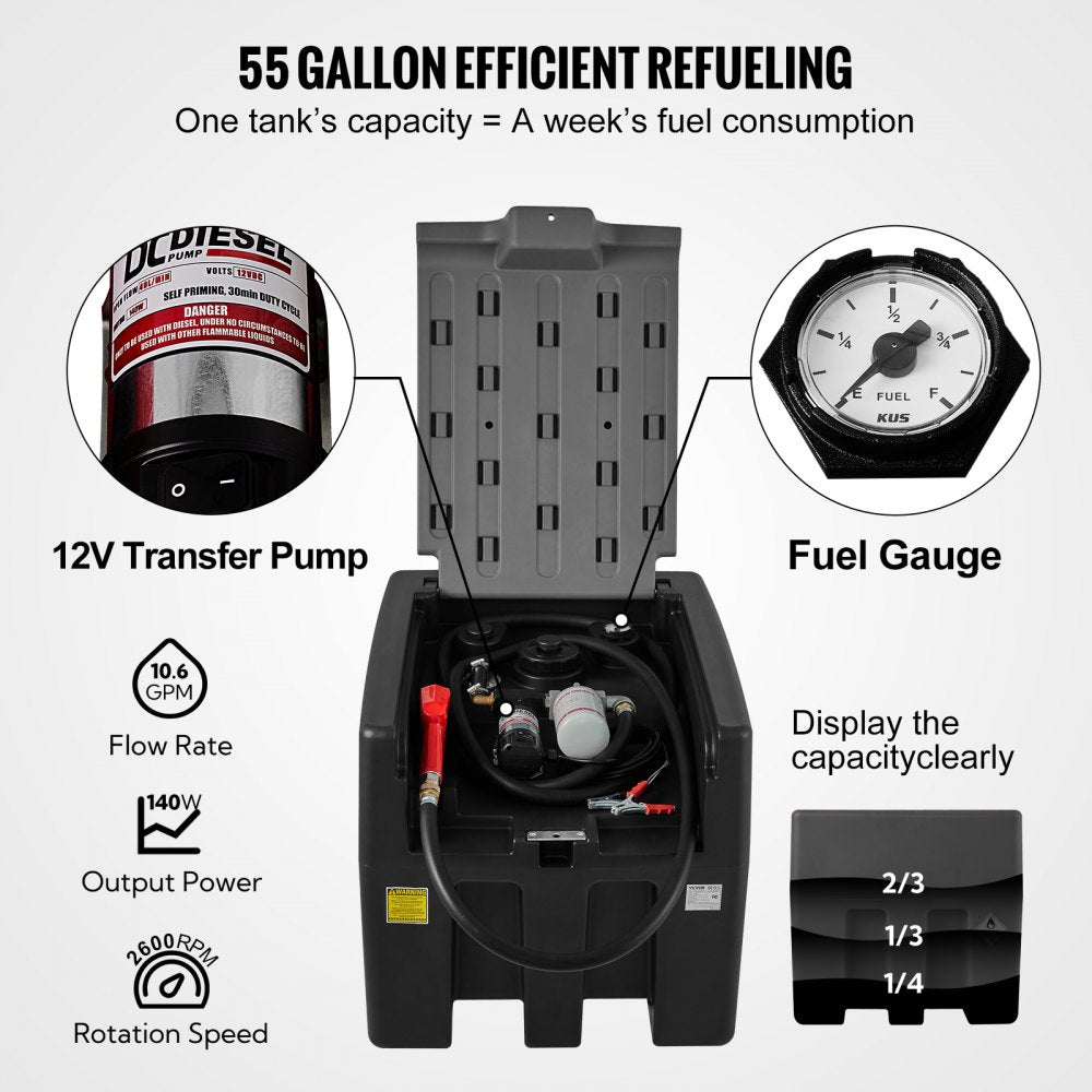 Portable Diesel Tank, 58 Gallon Capacity & 10 GPM Flow Rate, Diesel Fuel Tank with 12V Electric Transfer Pump and 13.1ft Rubber Hose, PE Diesel Transfer Tank for Easy Fuel Transportation, Black