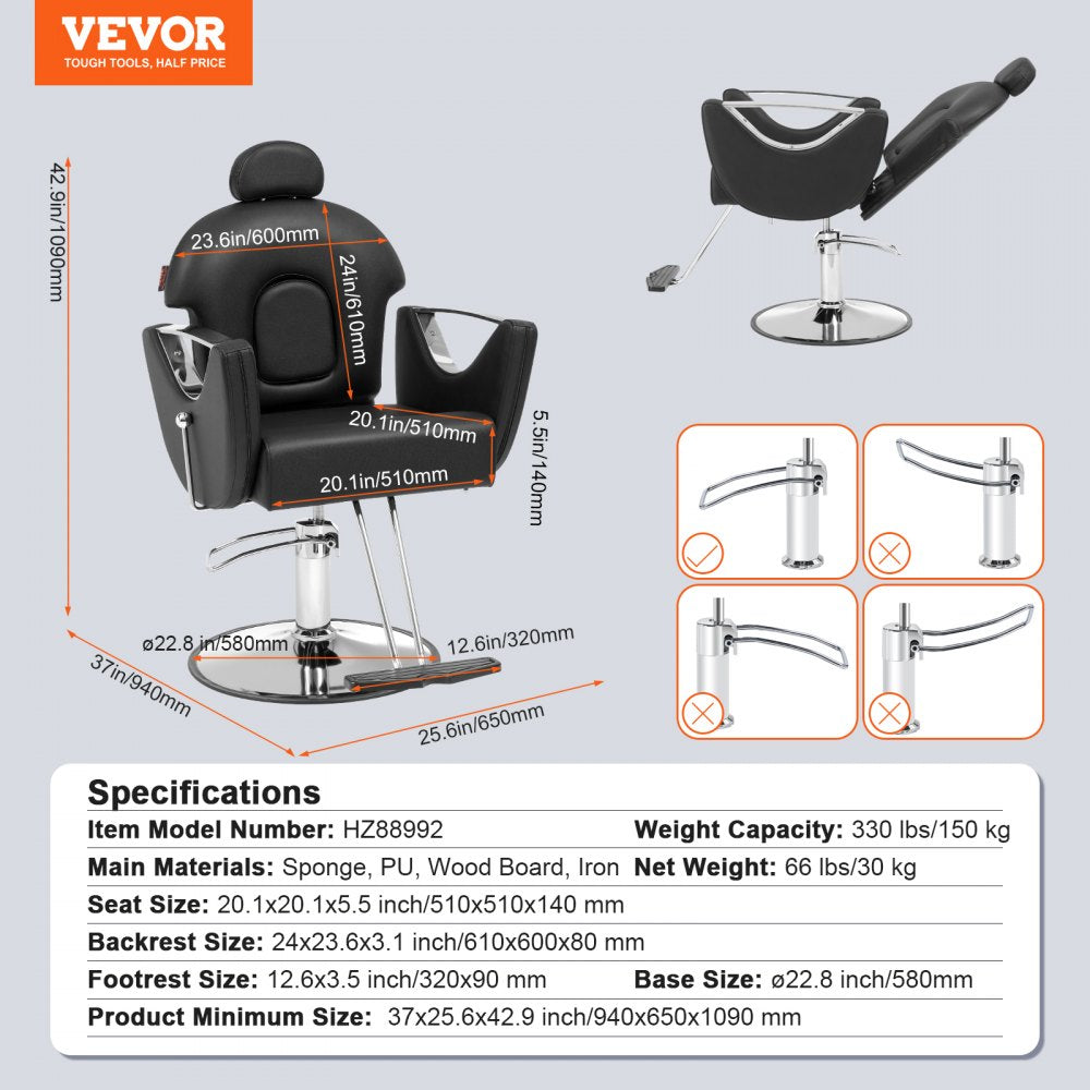 Salon Chair, Hydraulic Recliner Barber Chair for Hair Stylist, 360 Degrees Swivel 90°-130° Reclining Salon Chair for Beauty Spa Shampoo, Max Load Weight 330 lbs, Black