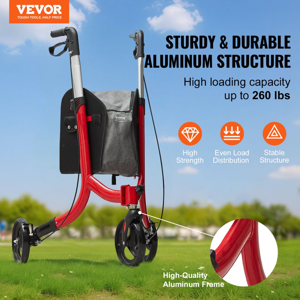 3 Wheels Rollator Walker for Seniors, Lightweight Aluminum Foldable Rolling Walker with Adjustable Handle, Outdoor Trio Mobility Walker with Large Wheels & Spacious Storage Bag, 260LBS Capacity