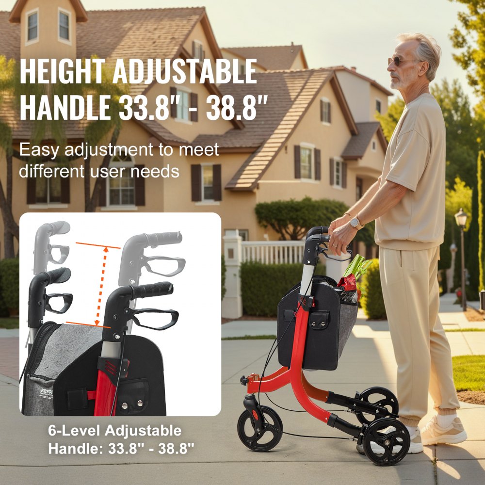 3 Wheels Rollator Walker for Seniors, Lightweight Aluminum Foldable Rolling Walker with Adjustable Handle, Outdoor Trio Mobility Walker with Large Wheels & Spacious Storage Bag, 260LBS Capacity