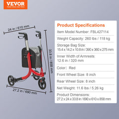 3 Wheels Rollator Walker for Seniors, Lightweight Aluminum Foldable Rolling Walker with Adjustable Handle, Outdoor Trio Mobility Walker with Large Wheels & Spacious Storage Bag, 260LBS Capacity
