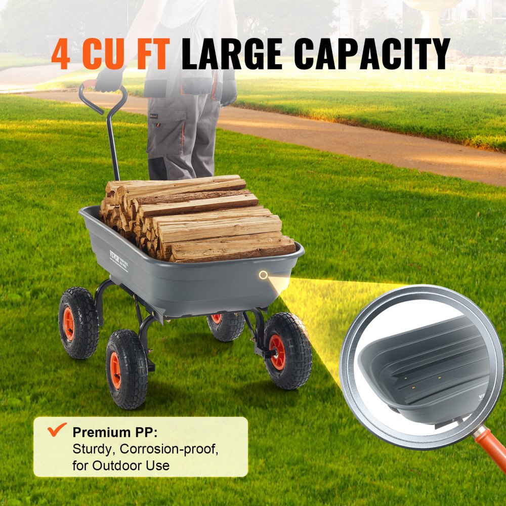 Dump Cart, Poly Garden Dump Cart with Easy to Assemble Steel Frame, Dump Wagon with 2-in-1 Convertible Handle, Utility Wheelbarrow 600 lbs Capacity, 10 inch Tires