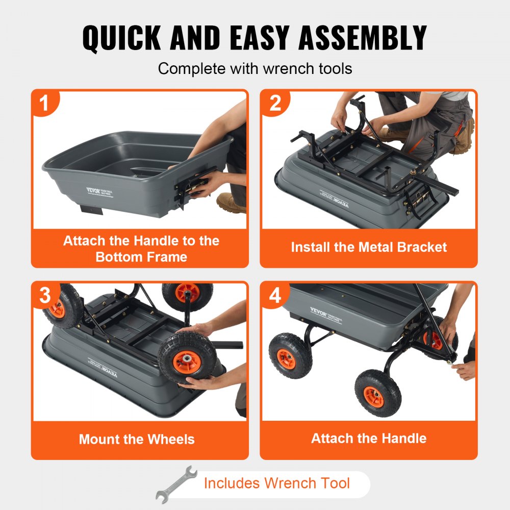 Dump Cart, Poly Garden Dump Cart with Easy to Assemble Steel Frame, Dump Wagon with 2-in-1 Convertible Handle, Utility Wheelbarrow 600 lbs Capacity, 10 inch Tires