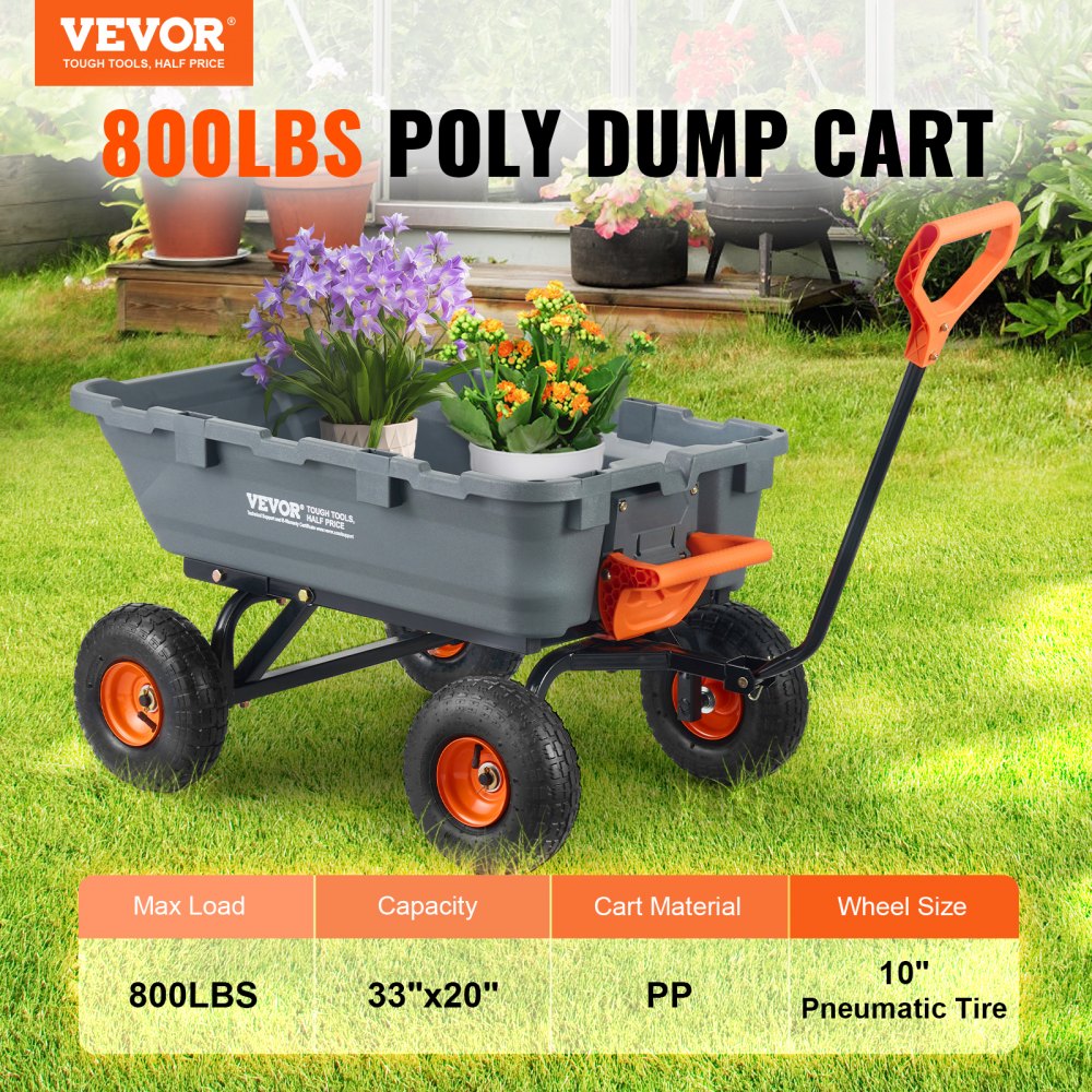 Dump Cart, Poly Garden Dump Cart with Easy to Assemble Steel Frame, Dump Wagon with 2-in-1 Convertible Handle, Utility Wheelbarrow 800 lbs Capacity, 10 inch Tires