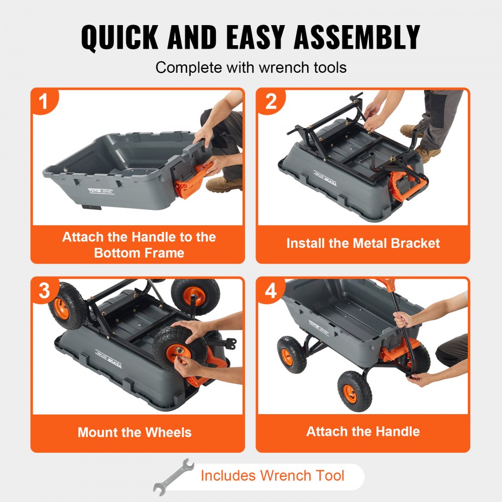 Dump Cart, Poly Garden Dump Cart with Easy to Assemble Steel Frame, Dump Wagon with 2-in-1 Convertible Handle, Utility Wheelbarrow 800 lbs Capacity, 10 inch Tires