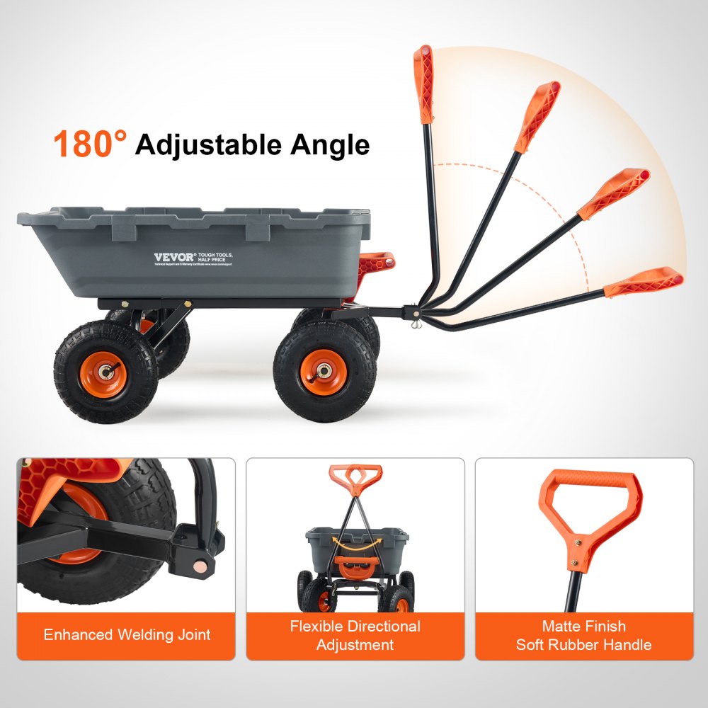 Dump Cart, Poly Garden Dump Cart with Easy to Assemble Steel Frame, Dump Wagon with 2-in-1 Convertible Handle, Utility Wheelbarrow 800 lbs Capacity, 10 inch Tires