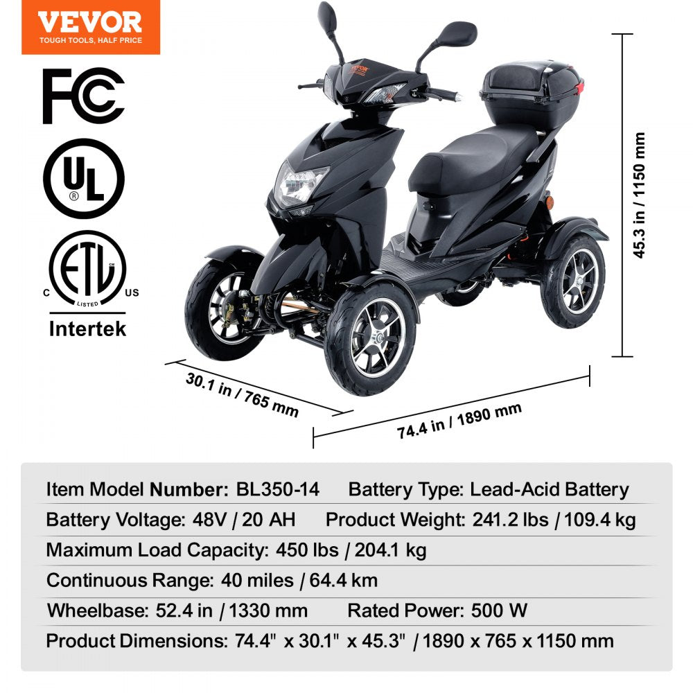 Heavy Duty 4-Wheel Mobility Scooters for Seniors & Adults 450lbs Capacity - 40 Miles 3-Speed Long Range, 500W All Terrain Electric Recreational Scooter Wheelchair with 20° Max Climbing Capacity