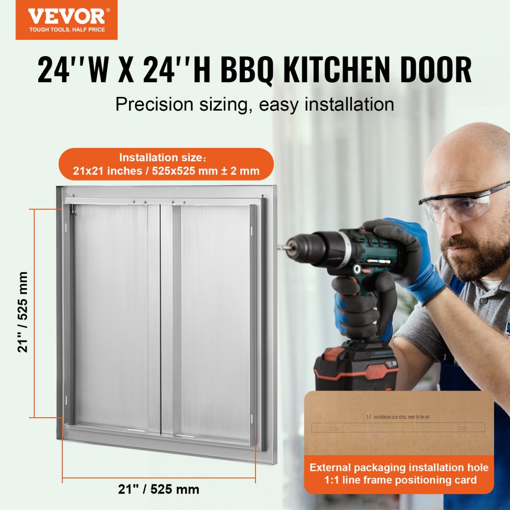 BBQ Access Door, 24W x 24H Inch Double Outdoor Kitchen Door, Stainless Steel Flush Mount Door, Wall Vertical Door with Recessed Handles , for BBQ Island, Grilling Station, Outside Cabinet
