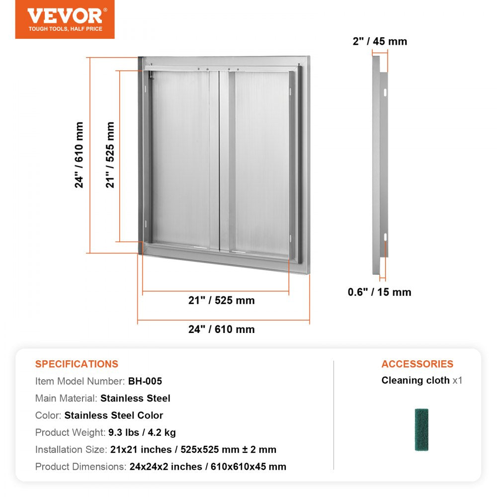 BBQ Access Door, 24W x 24H Inch Double Outdoor Kitchen Door, Stainless Steel Flush Mount Door, Wall Vertical Door with Recessed Handles , for BBQ Island, Grilling Station, Outside Cabinet