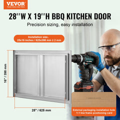 BBQ Access Door, 28W x 19H Inch Double Outdoor Kitchen Door, Stainless Steel Flush Mount Door, Wall Vertical Door with Recessed Handles , for BBQ Island, Grilling Station, Outside Cabinet