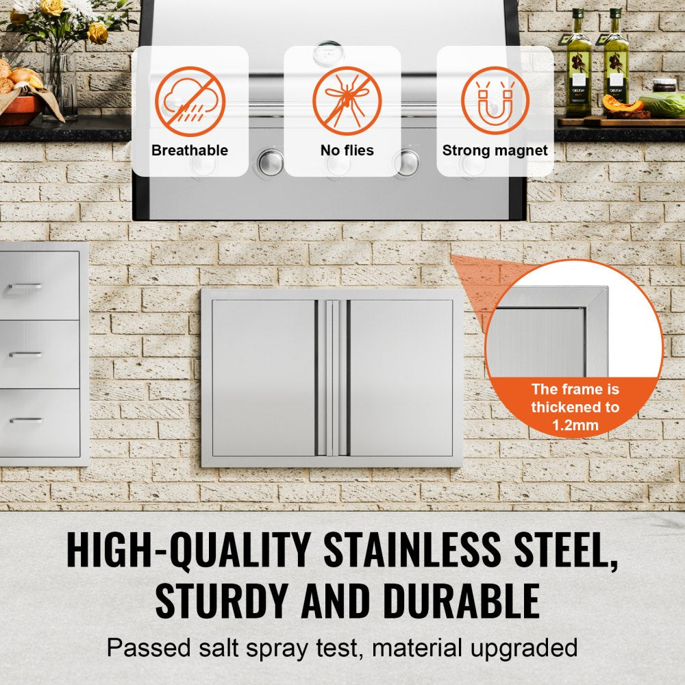 BBQ Access Door, 28W x 19H Inch Double Outdoor Kitchen Door, Stainless Steel Flush Mount Door, Wall Vertical Door with Recessed Handles , for BBQ Island, Grilling Station, Outside Cabinet