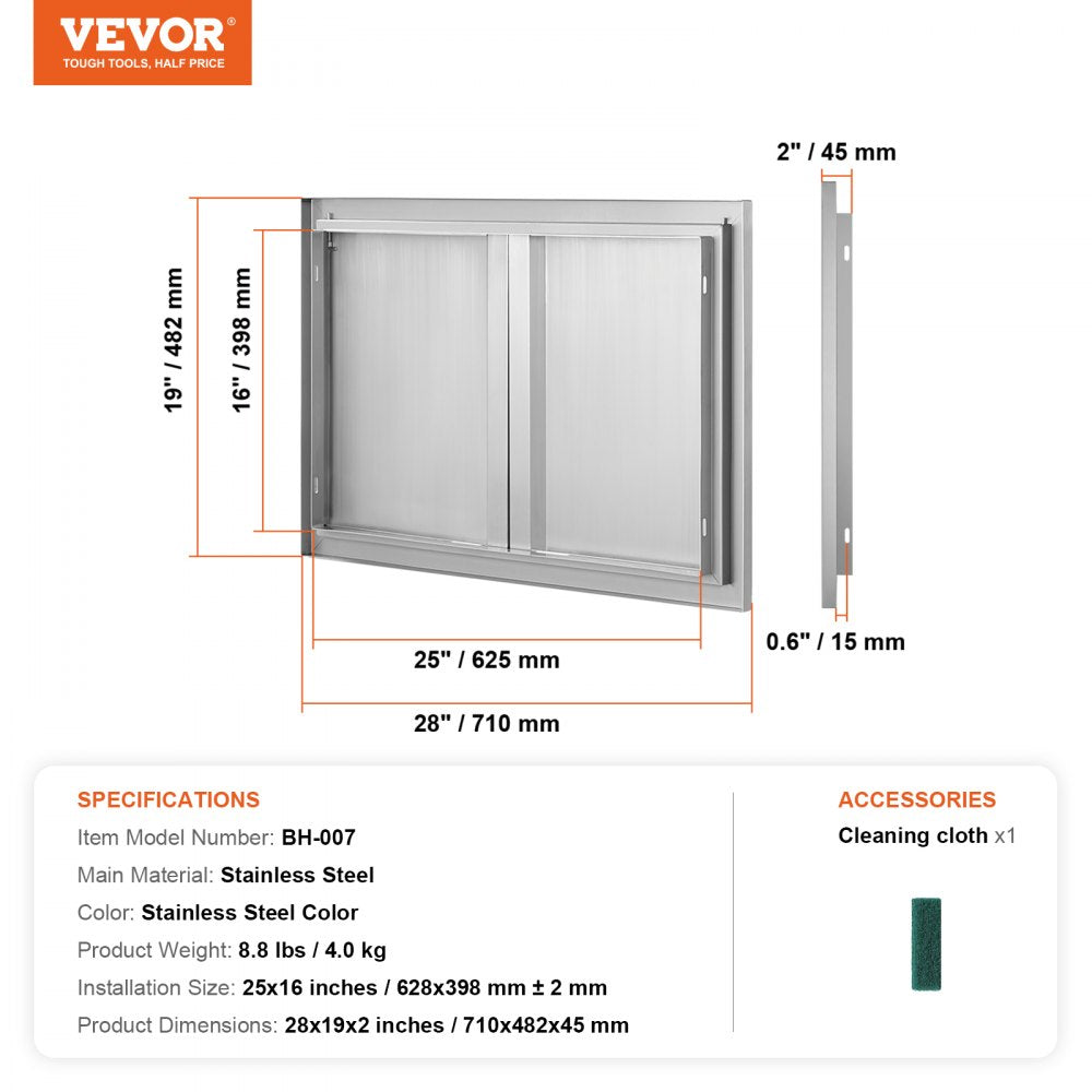 BBQ Access Door, 28W x 19H Inch Double Outdoor Kitchen Door, Stainless Steel Flush Mount Door, Wall Vertical Door with Recessed Handles , for BBQ Island, Grilling Station, Outside Cabinet