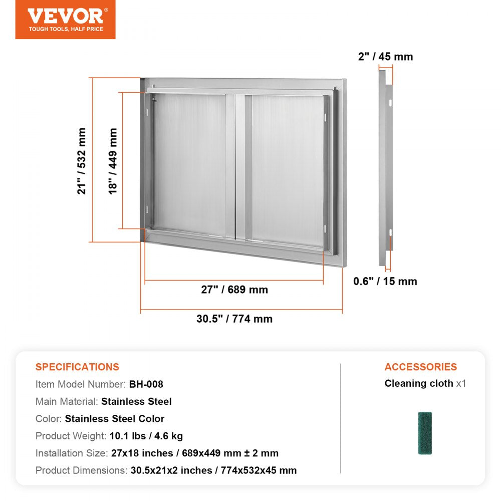 BBQ Access Door, 30W x 21H Inch Double Outdoor Kitchen Door, Stainless Steel Flush Mount Door, Wall Vertical Door with Recessed Handles , for BBQ Island, Grilling Station, Outside Cabinet