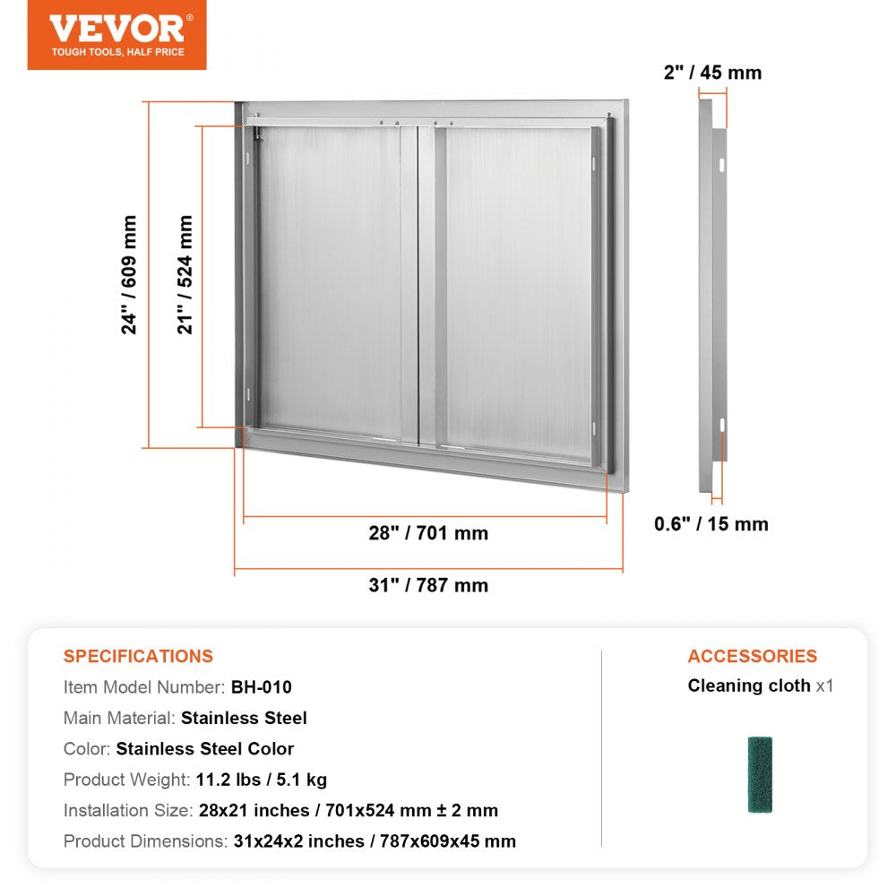 BBQ Access Door, 31W x 24H Inch Double Outdoor Kitchen Door, Stainless Steel Flush Mount Door, Wall Vertical Door with Recessed Handles , for BBQ Island, Grilling Station, Outside Cabinet
