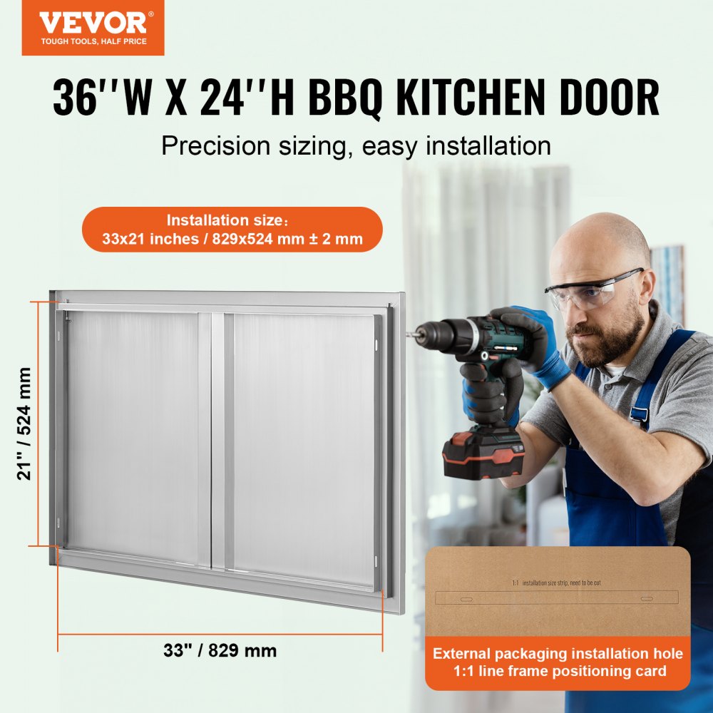BBQ Access Door, 36W x 24H Inch Double Outdoor Kitchen Door, Stainless Steel Flush Mount Door, Wall Vertical Door with Recessed Handles , for BBQ Island, Grilling Station, Outside Cabinet