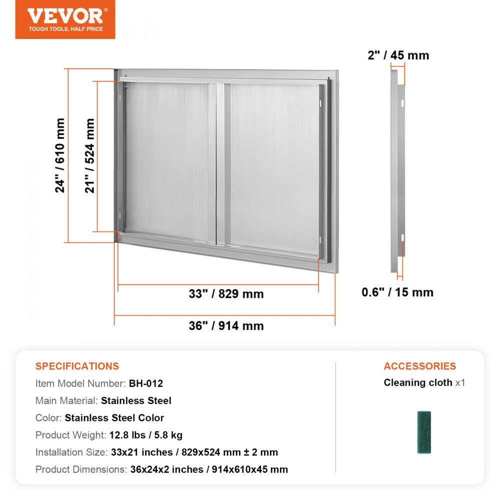 BBQ Access Door, 36W x 24H Inch Double Outdoor Kitchen Door, Stainless Steel Flush Mount Door, Wall Vertical Door with Recessed Handles , for BBQ Island, Grilling Station, Outside Cabinet