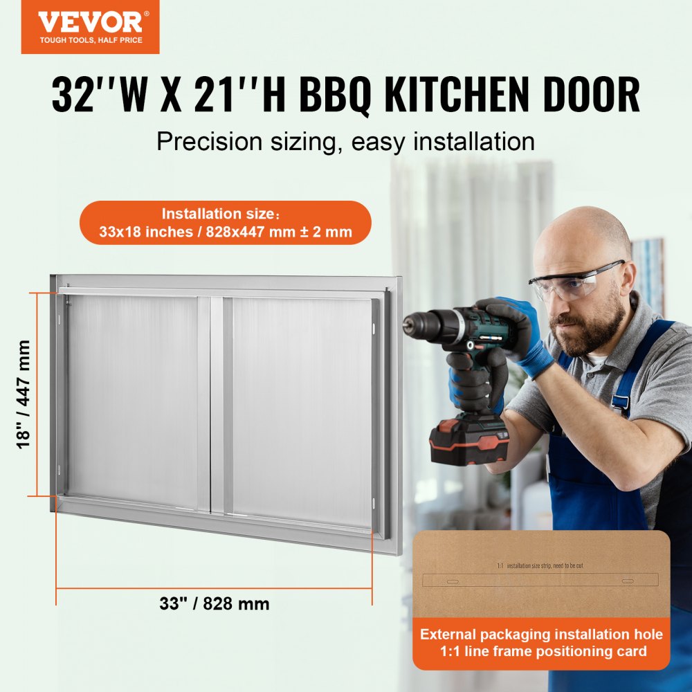 BBQ Access Door, 36W x 21H Inch Double Outdoor Kitchen Door, Stainless Steel Flush Mount Door, Wall Vertical Door with Recessed Handles , for BBQ Island, Grilling Station, Outside Cabinet