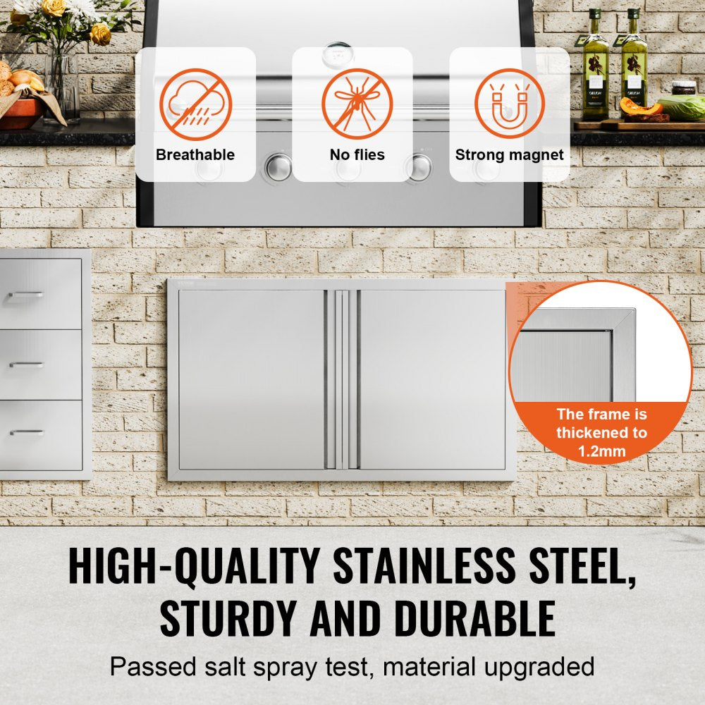 BBQ Access Door, 36W x 21H Inch Double Outdoor Kitchen Door, Stainless Steel Flush Mount Door, Wall Vertical Door with Recessed Handles , for BBQ Island, Grilling Station, Outside Cabinet