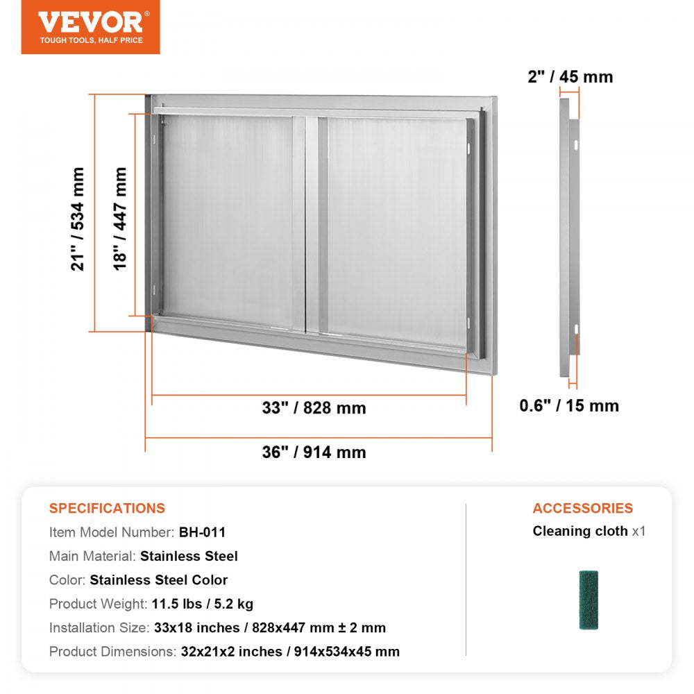 BBQ Access Door, 36W x 21H Inch Double Outdoor Kitchen Door, Stainless Steel Flush Mount Door, Wall Vertical Door with Recessed Handles , for BBQ Island, Grilling Station, Outside Cabinet