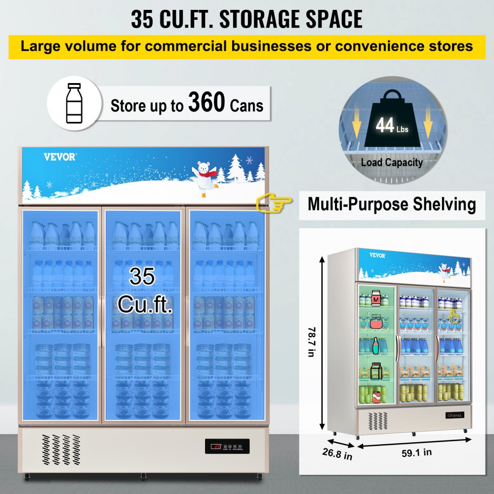 Commercial Refrigerator,Display Fridge Upright Beverage Cooler, Glass Door with LED Light for Home, Store, Gym or Office, (35 cu.ft. Triple Swing Door)