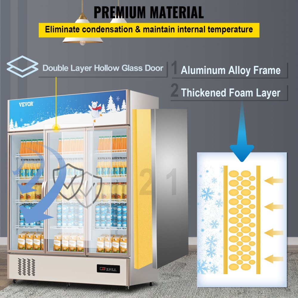 Commercial Refrigerator,Display Fridge Upright Beverage Cooler, Glass Door with LED Light for Home, Store, Gym or Office, (35 cu.ft. Triple Swing Door)