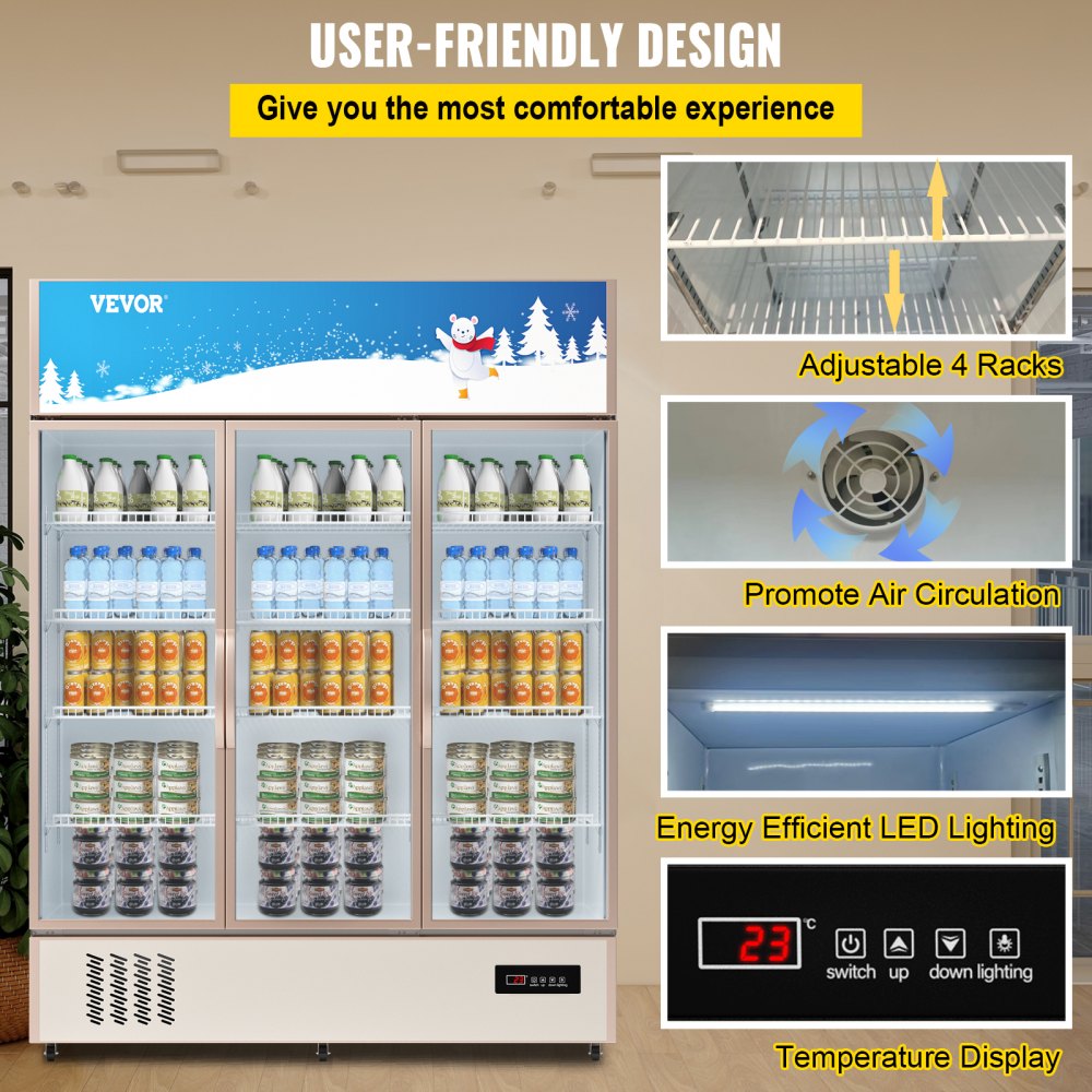 Commercial Refrigerator,Display Fridge Upright Beverage Cooler, Glass Door with LED Light for Home, Store, Gym or Office, (35 cu.ft. Triple Swing Door)