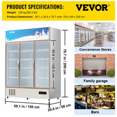 Commercial Refrigerator,Display Fridge Upright Beverage Cooler, Glass Door with LED Light for Home, Store, Gym or Office, (35 cu.ft. Triple Swing Door)