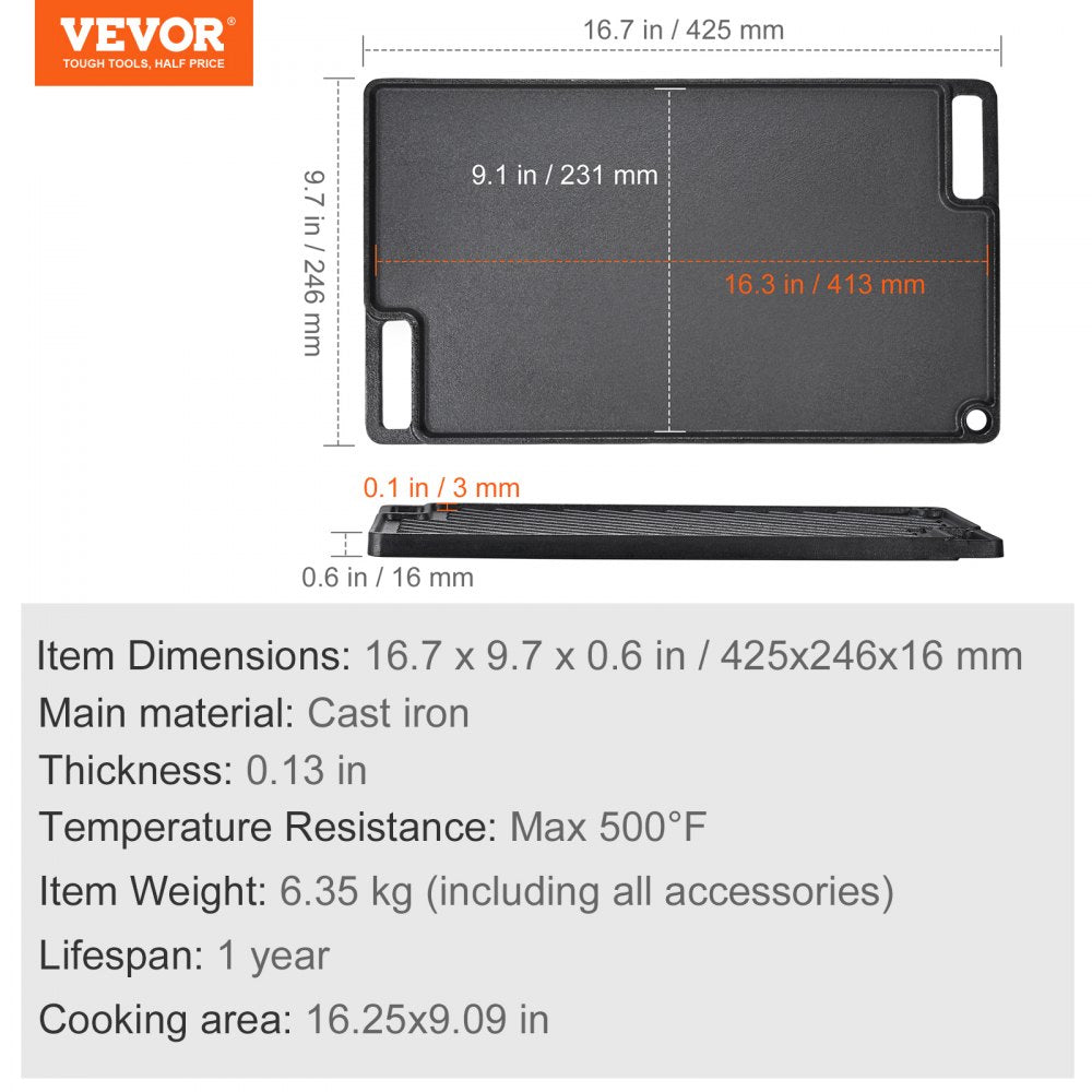 Reversible Grill/Griddle, 9.7"x16.7" Pre-Seasoned Cast Iron Griddle, Rectangular Double Burner Griddle Pan, Non-Stick Family Pan Cookware with Handles, Flat Top Plate for BBQ, Gas Grill, Black