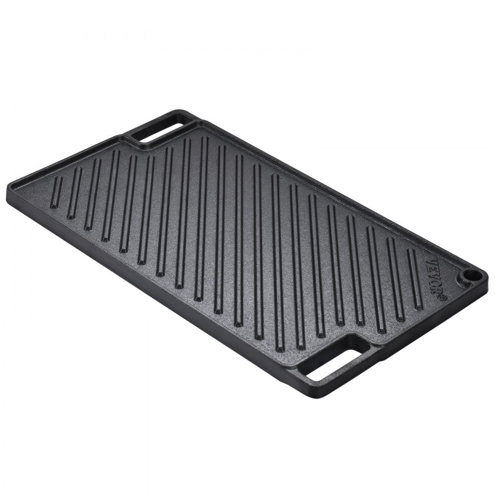 Reversible Grill/Griddle, 9.7"x16.7" Pre-Seasoned Cast Iron Griddle, Rectangular Double Burner Griddle Pan, Non-Stick Family Pan Cookware with Handles, Flat Top Plate for BBQ, Gas Grill, Black