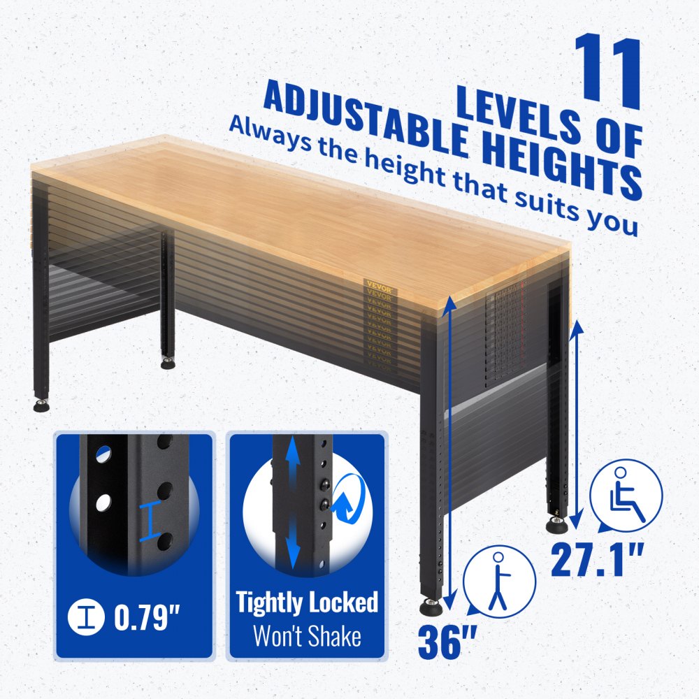 Workbench Adjustable Height, 61" x 20" Garage Table w/ 27.1" - 36" Heights & 2000 LBS Load Capacity, with Power Outlets & Hardwood Top & Metal Frame & Foot Pads, for Workshop Office Home