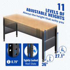 Workbench Adjustable Height, 61" x 20" Garage Table w/ 27.1" - 36" Heights & 2000 LBS Load Capacity, with Power Outlets & Hardwood Top & Metal Frame & Foot Pads, for Workshop Office Home