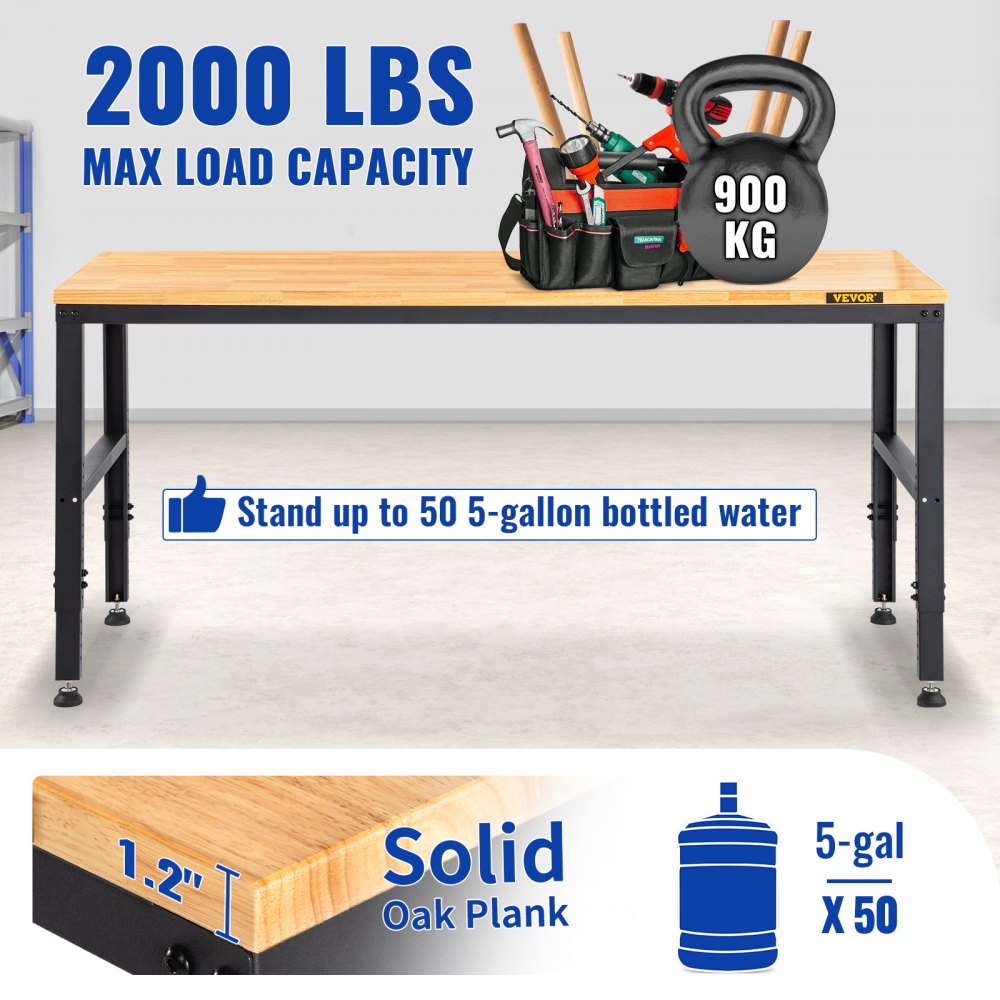 Workbench Adjustable Height, 61" x 20" Garage Table w/ 27.1" - 36" Heights & 2000 LBS Load Capacity, with Power Outlets & Hardwood Top & Metal Frame & Foot Pads, for Workshop Office Home