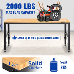 Workbench Adjustable Height, 61" x 20" Garage Table w/ 27.1" - 36" Heights & 2000 LBS Load Capacity, with Power Outlets & Hardwood Top & Metal Frame & Foot Pads, for Workshop Office Home