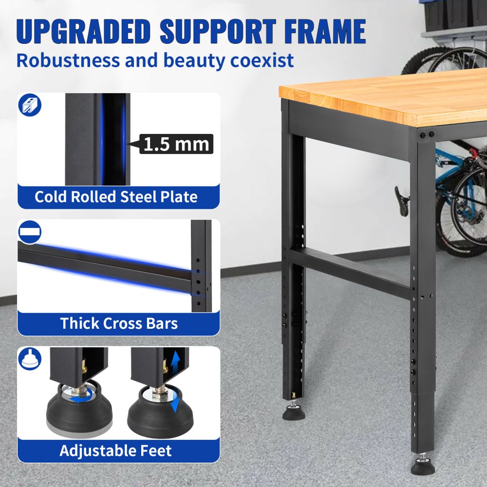 Workbench Adjustable Height, 61" x 20" Garage Table w/ 27.1" - 36" Heights & 2000 LBS Load Capacity, with Power Outlets & Hardwood Top & Metal Frame & Foot Pads, for Workshop Office Home