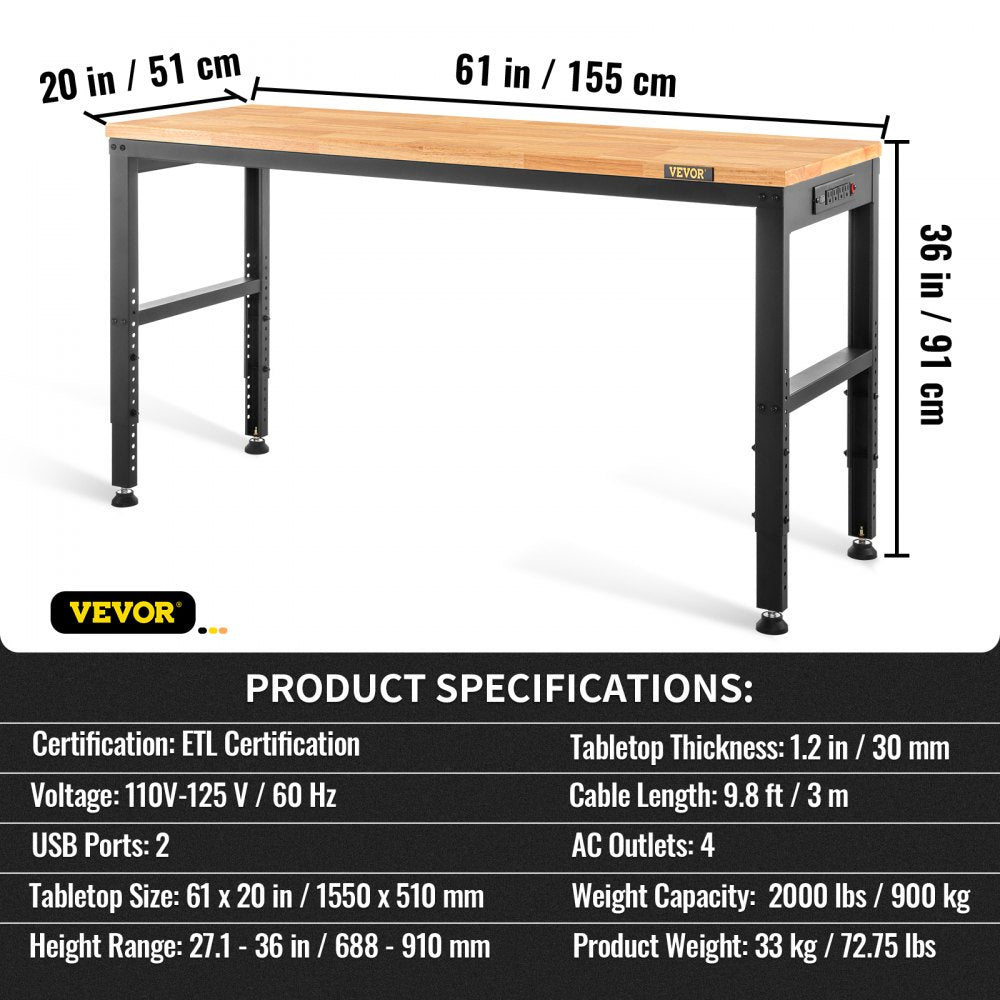 Workbench Adjustable Height, 61" x 20" Garage Table w/ 27.1" - 36" Heights & 2000 LBS Load Capacity, with Power Outlets & Hardwood Top & Metal Frame & Foot Pads, for Workshop Office Home