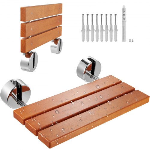 Folding teak shower seat with wall mounts, stainless brackets, and included hardware.