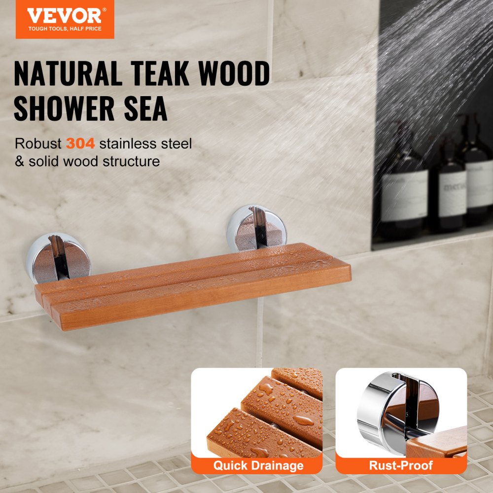 Folding teak wood shower seat mounted on wall with stainless steel brackets, 20.1 by 13.2 inches.