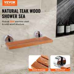 Folding teak wood shower seat mounted on wall with stainless steel brackets, 20.1 by 13.2 inches.