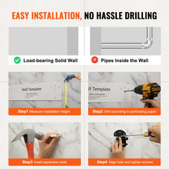 Infographic showing easy no-drill installation steps for a folding shower seat on a solid wall.