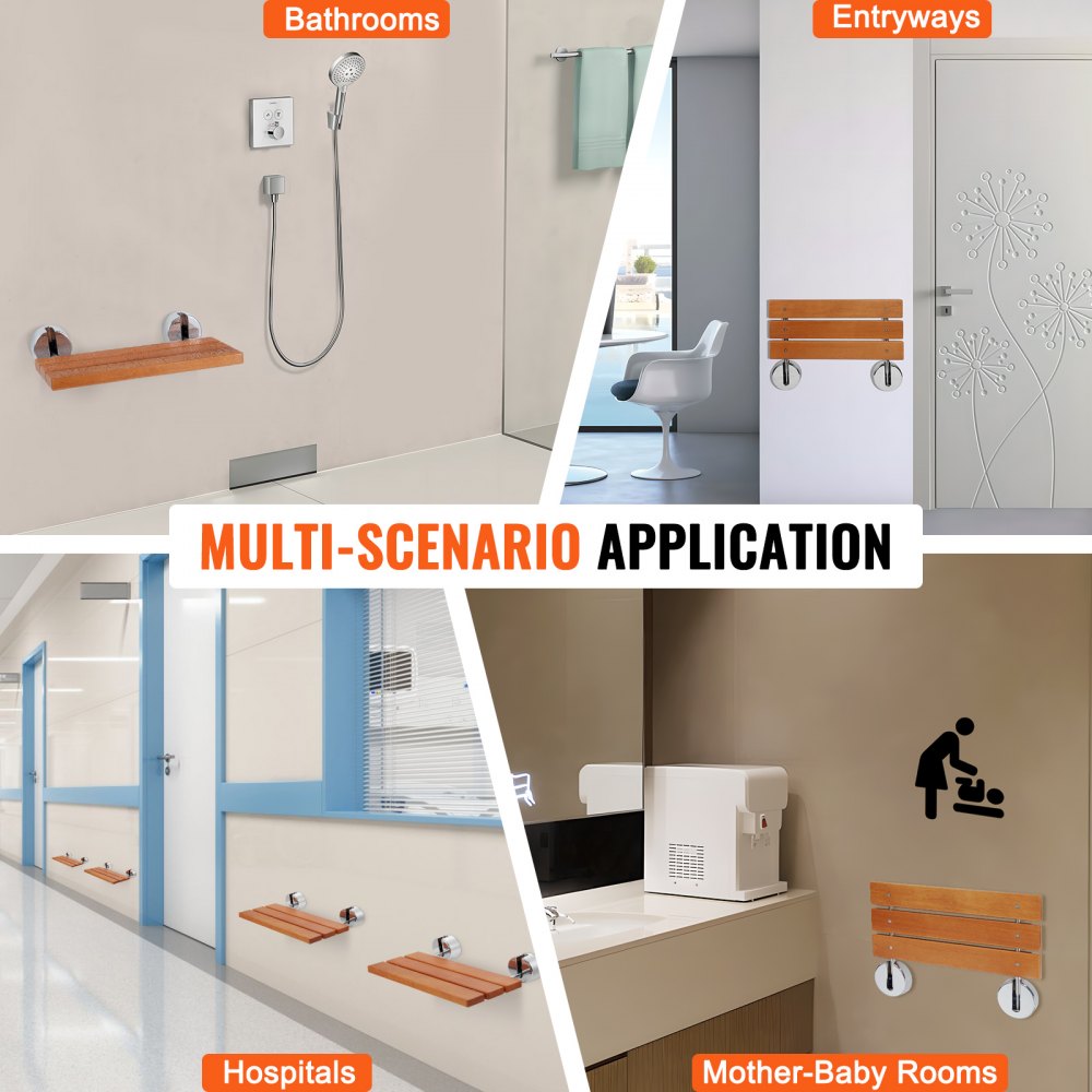 Collage showing Bostome folding teak shower seat installed in bathrooms, entryways, hospitals, and mother-baby rooms.