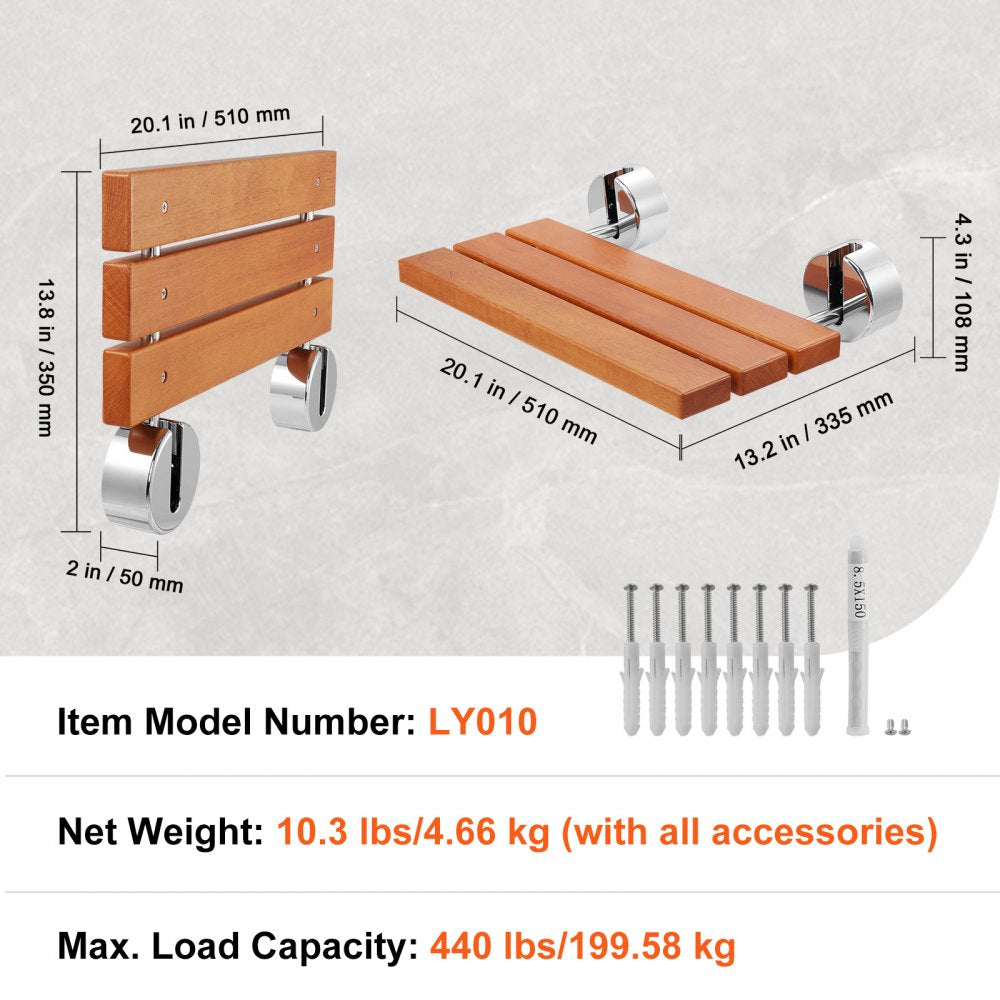 Folding teak shower seat, 20.1 by 13.2 inches, 440 lbs capacity, with wall mount and hardware.