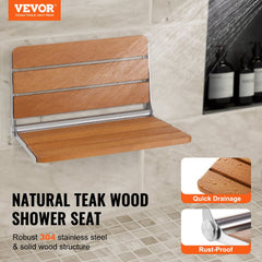 Wall-mounted teak shower seat with stainless steel supports, folds for space-saving storage.