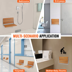 Wall-mounted teak shower seat with stainless steel supports, 500 lbs capacity, folds for storage.