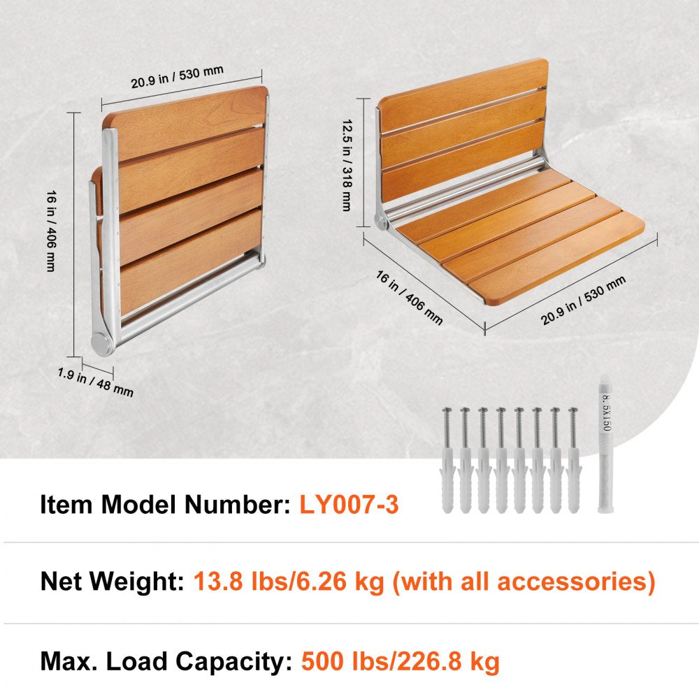 Wall-mounted teak shower seat with 500 lbs capacity and stainless steel supports.