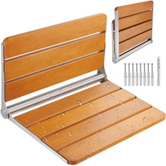 A wall-mounted folding teak shower seat with stainless steel supports and installation hardware.