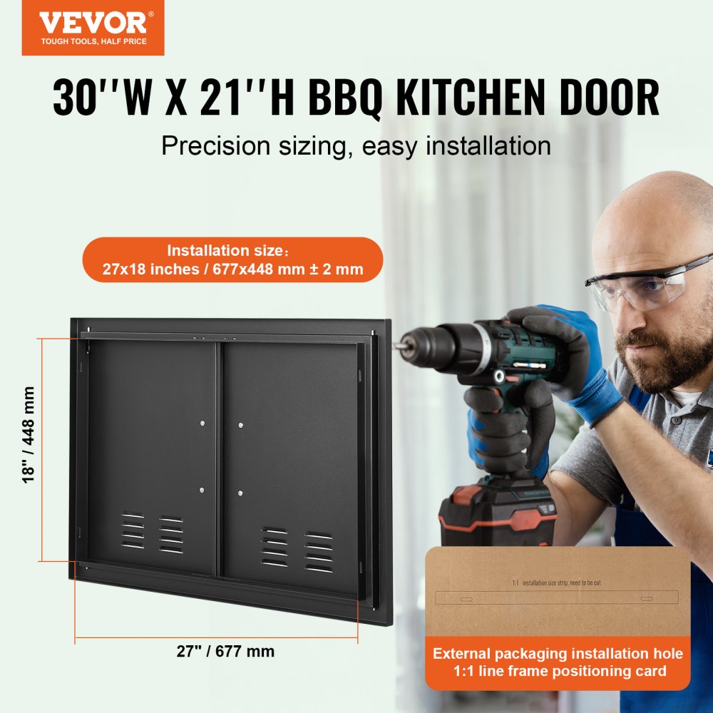 BBQ Access Door, 30W x 21H Inch Double Outdoor Kitchen Door, Cold Plate Flush Mount Door, Wall Vertical Door with Handles and Ventss, for BBQ Island, Grilling Station, Outside Cabinet