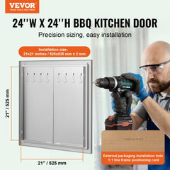 BBQ Access Door, 24W x 24H Inch Double Outdoor Kitchen Door, Stainless Steel Flush Mount Door, Double Wall Vertical Door with Handles and Hooks, for BBQ Island, Grilling Station, Outside Cabinet