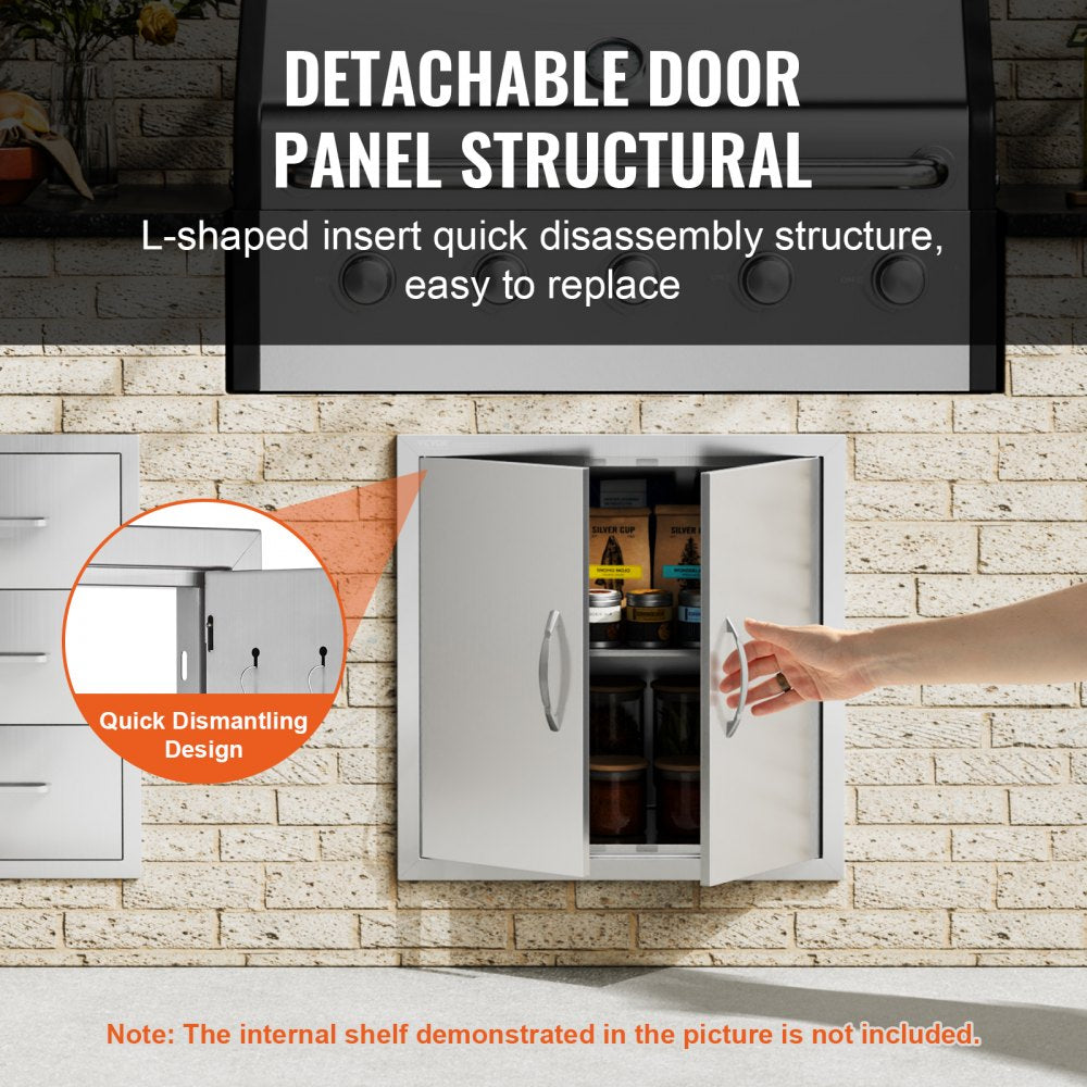 BBQ Access Door, 24W x 24H Inch Double Outdoor Kitchen Door, Stainless Steel Flush Mount Door, Double Wall Vertical Door with Handles and Hooks, for BBQ Island, Grilling Station, Outside Cabinet