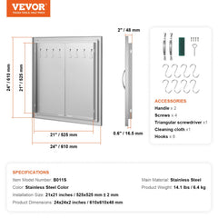 BBQ Access Door, 24W x 24H Inch Double Outdoor Kitchen Door, Stainless Steel Flush Mount Door, Double Wall Vertical Door with Handles and Hooks, for BBQ Island, Grilling Station, Outside Cabinet