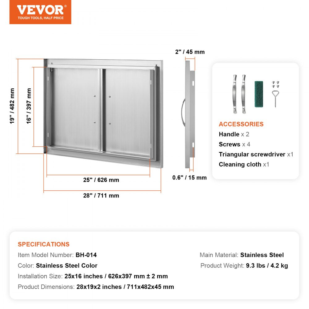 BBQ Access Door, 28W x 19H Inch Double Outdoor Kitchen Door, Stainless Steel Flush Mount Door, Wall Vertical Door with Handles, for BBQ Island, Grilling Station, Outside Cabinet